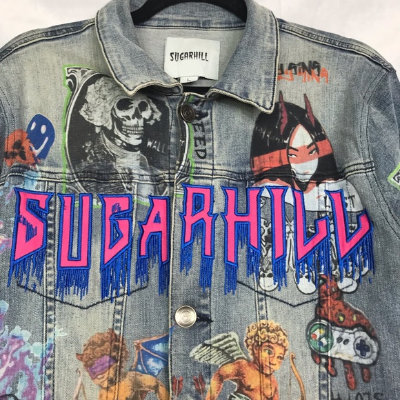 Sugarhill embroidery retro light wash 7 sins printed graphic denim jacket - Picture 8 of 10